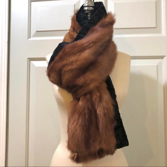 Vintage ‘40s Mink Velvet Trim Silk Lined Scarf Wrap Size 8 X 77 - Picture 12 of 13